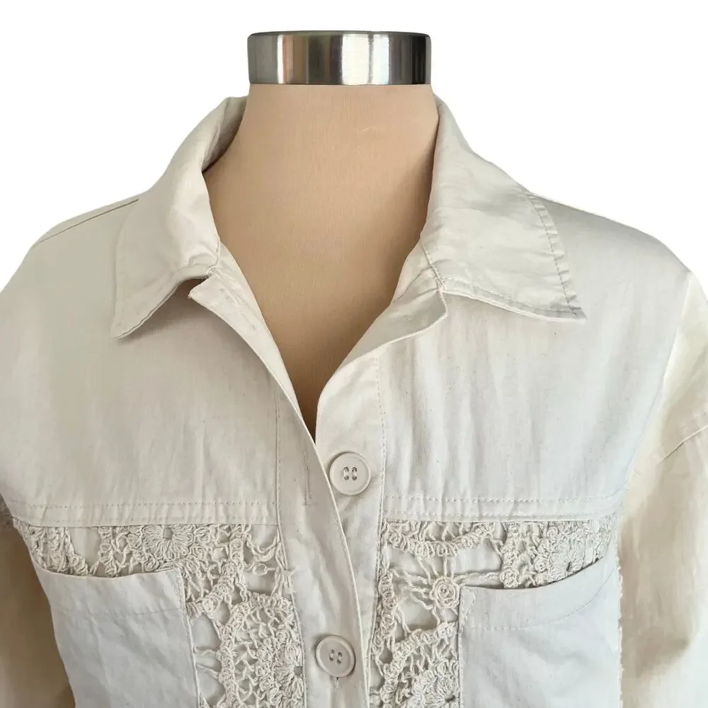 Forever 21 Cream Twill Crochet Lace Jacket / Shacket Size M Boho Chic Casual